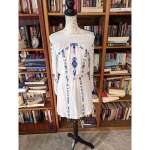 Parker Casual Off-Shoulder Mini Dress w/ White & Blue Geometric Beading